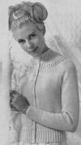 Bed Jacket with Lacy Yoke Knitting Pattern 34-38