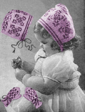 Girls Fair Isle Bonnet & Mittens Knitting Pattern Sz 1-2