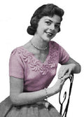 Blouse with Crocheted Flowers on V-Neck Knitting Pattern Sz 14-20