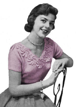Blouse with Crocheted Flowers on V-Neck Knitting Pattern Sz 14-20