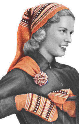 Patterned Long Stocking Cap & Mitts Knitting Pattern