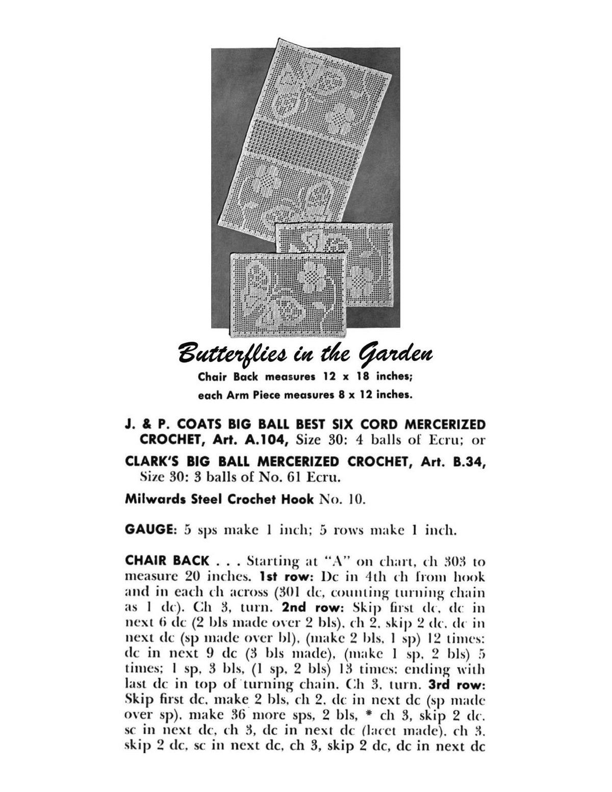 Butterflies in the Garden Chair Set Filet Crochet Pattern