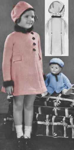 Girls Coat & Beret & 16" Doll Set Knitting Pattern Sz 2-4