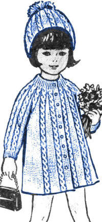 Girls Cable Trim Coat & Hat Knitting Pattern Sz 4-10