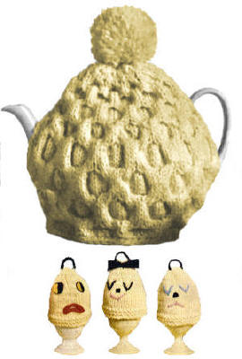 Cable Tea Cozy & Egg Cozies with Faces Knitting Pattern