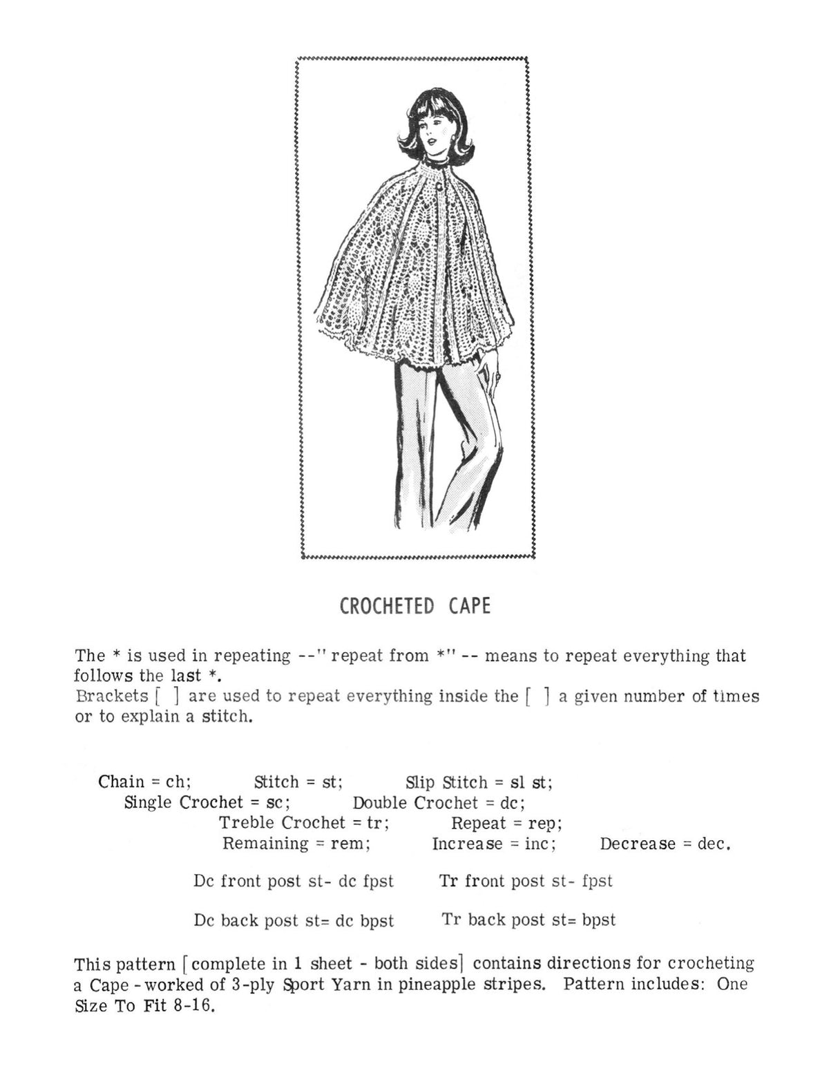Pineapple Cape Crochet Pattern Sz 8-16