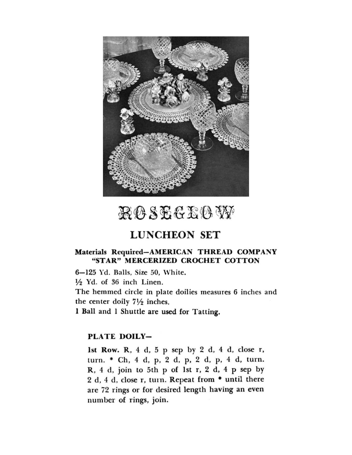 Roseglow Table Doily Setting Tatting Pattern