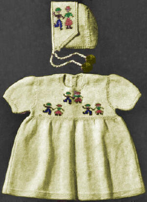 Baby Dress & Bonnet with Embroidery Knitting Pattern 12 mos