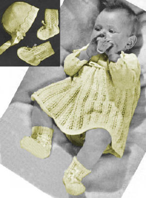 Baby Dress, Bonnet & Booties Knitting Pattern Sz 6 mos