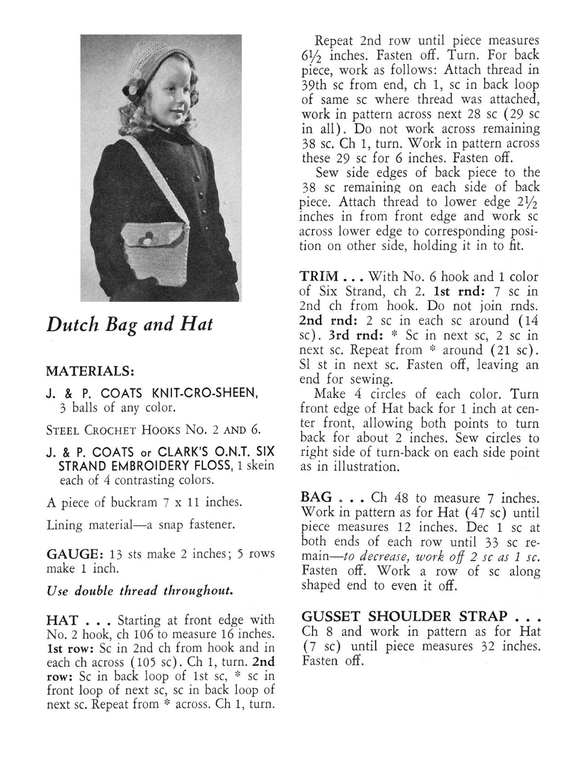 Girls Dutch Hat & Bag Crochet Pattern