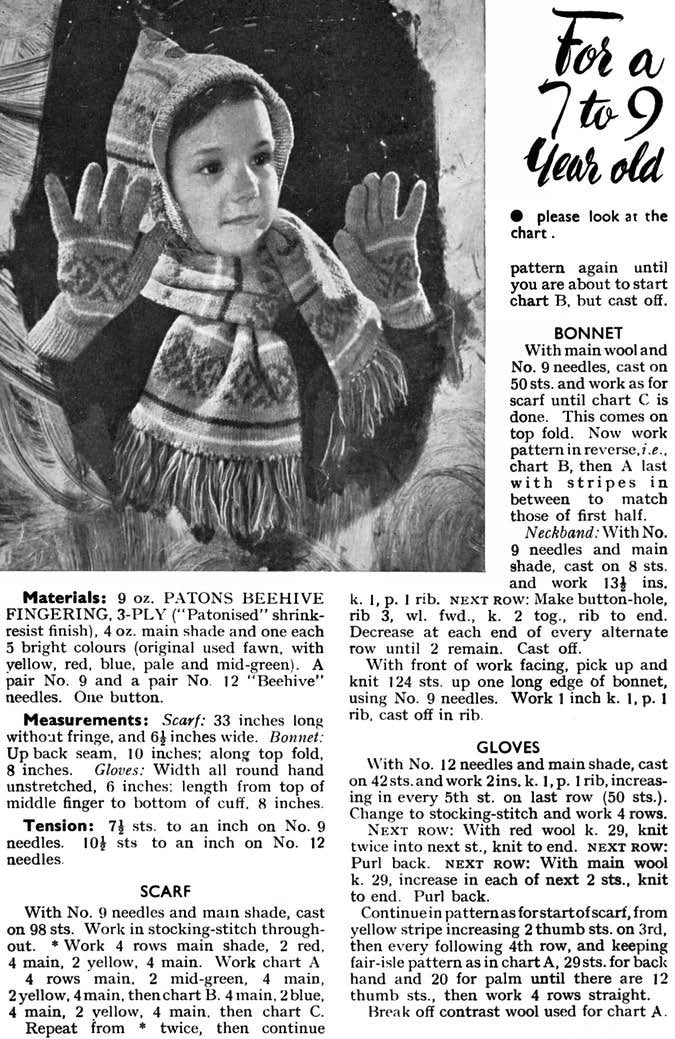 Girls Fair Isle Hat, Scarf Gloves Knitting Pattern Sz 7-9