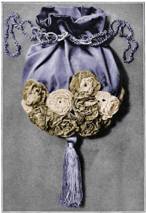 Satin Drawstring Handbag with Roses Antique Crochet Pattern