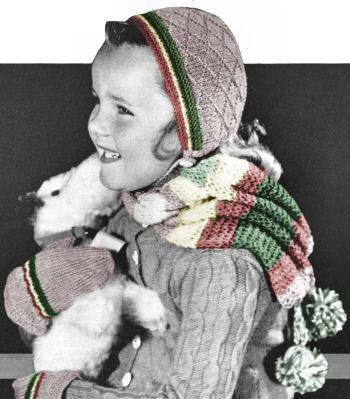 Girl's Cap, Scarf & Mitts Set Knitting Pattern 4-6