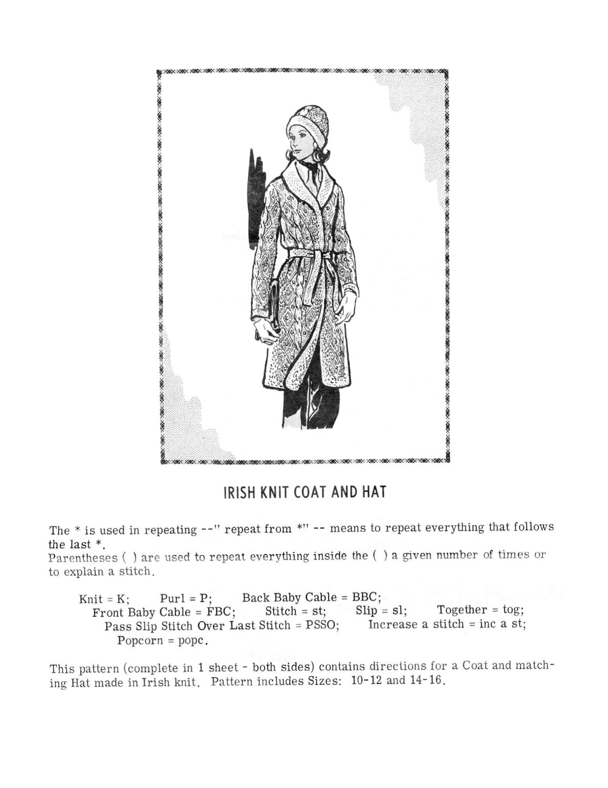 Irish Knit Coat & Hat Knitting Pattern Sz 10-16