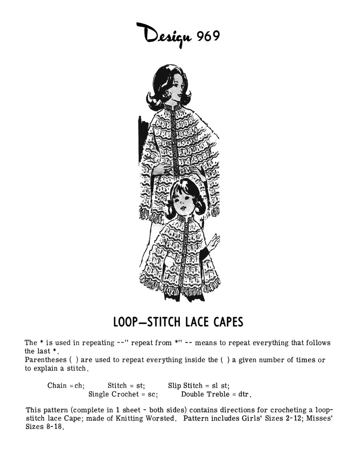Ladies & Girls Loop Stitch Lace Cape Crochet Pattern