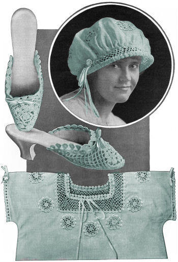 Nightgown Yoke, Hat & Slippers Antique Crochet Pattern