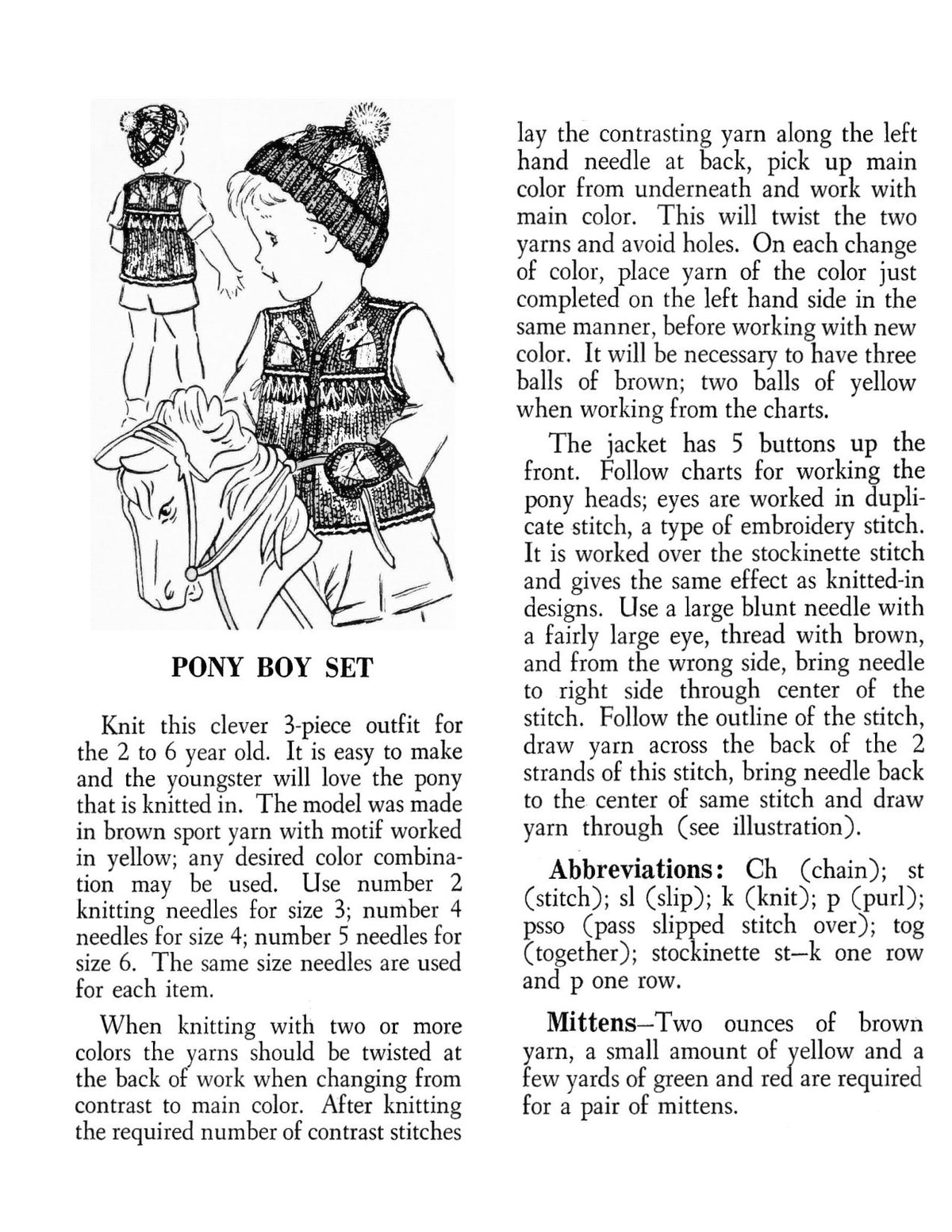 Children Pony Vest Hat Mittens Knitting Pattern Sz 2-6