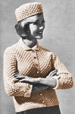 Popcorn Sweater & Pillbox Hat Set Knitting Pattern 32-38