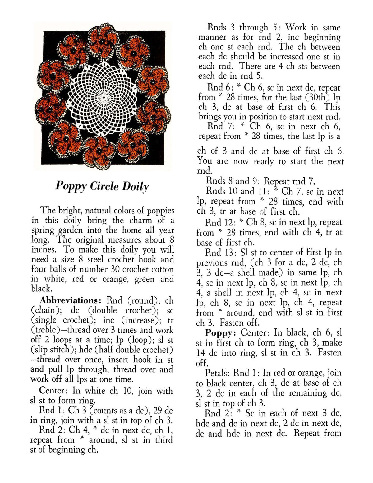 Poppy Doily Crochet Pattern 8"