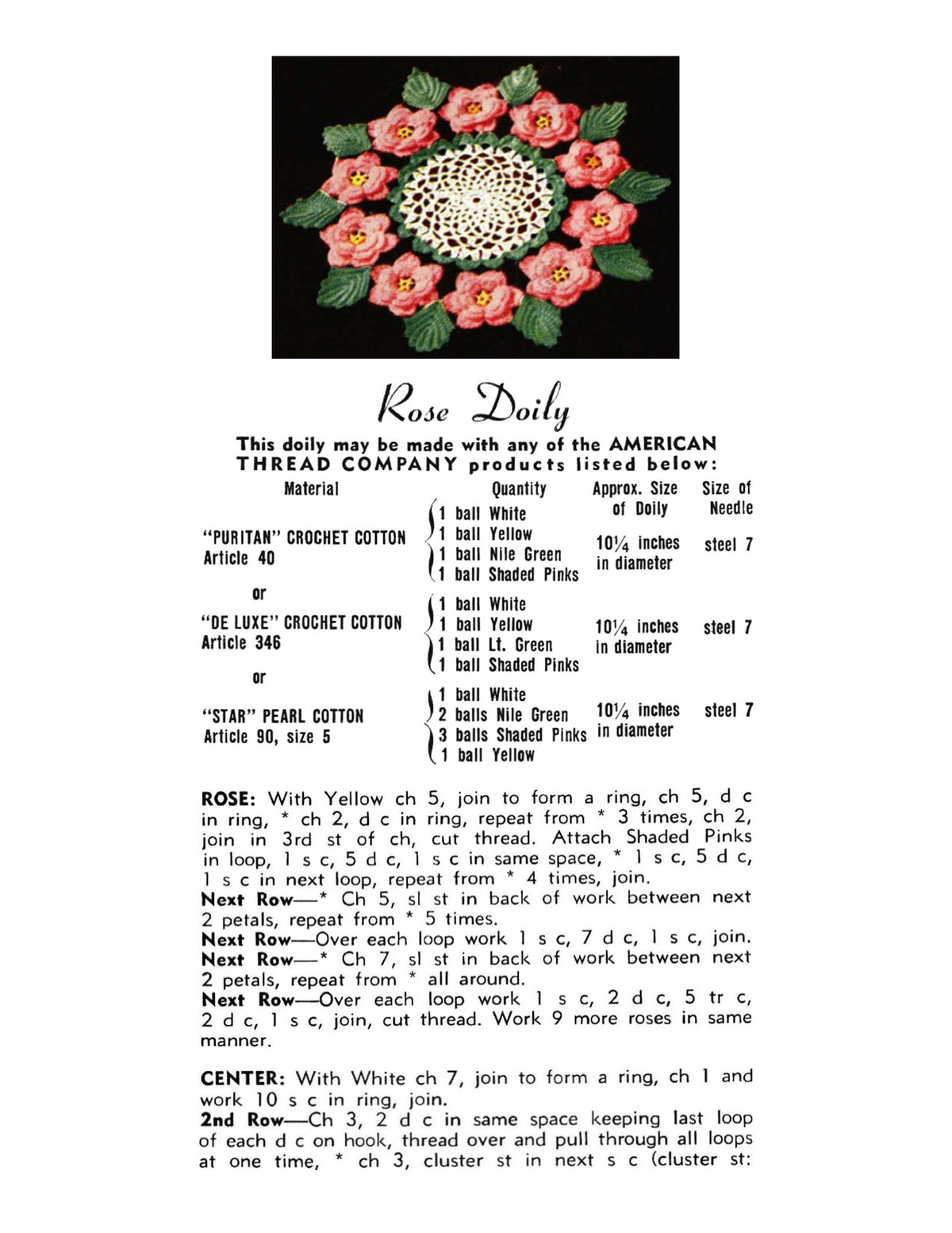 Rose Doily Crochet Pattern 10.75"