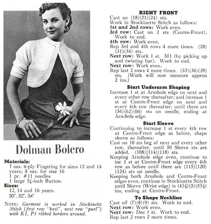 Dolman Bolero Knitting Pattern Sz 12-16
