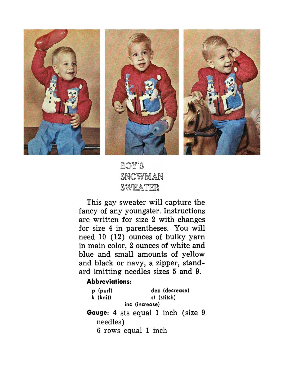 Children Snowman Sweater Knitting Pattern Sz 2-4