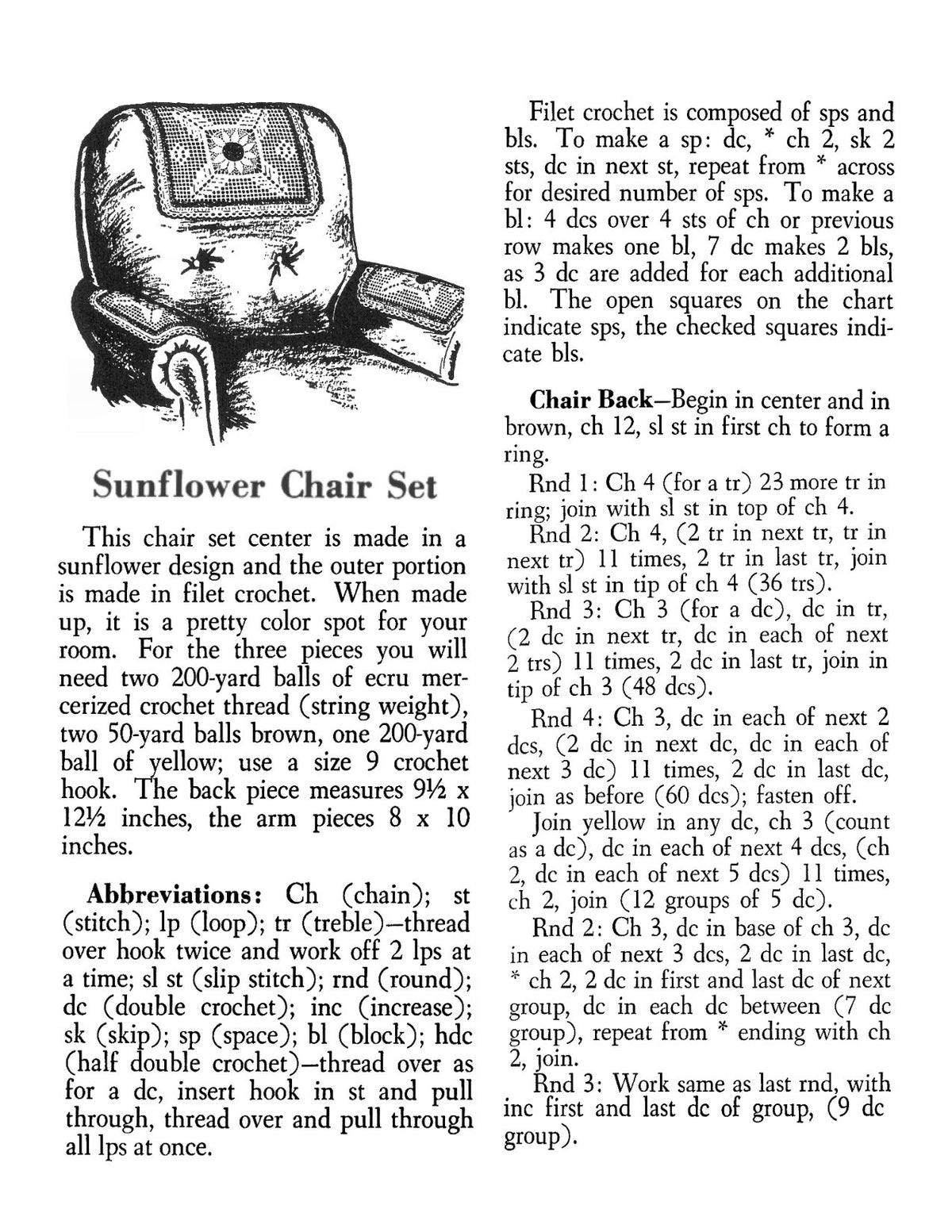 Sunflower Chair Set Filet Crochet Pattern