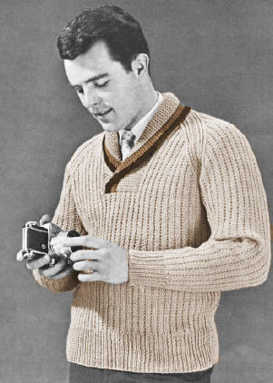 Man's Shawl Collar Raglan Pullover Knitting Pattern 36-42