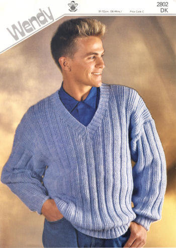 Men's Ribbed V-Neck Sweater Knitting Pattern 36-44