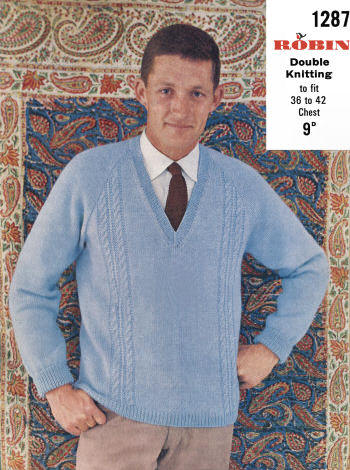 Man's Raglan Sweater with Cable Panels Knitting Pattern 36-42