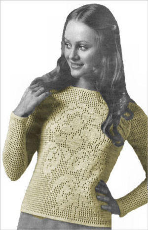 Sweater Top with Filet Rose Crochet Pattern 31 1/2-40