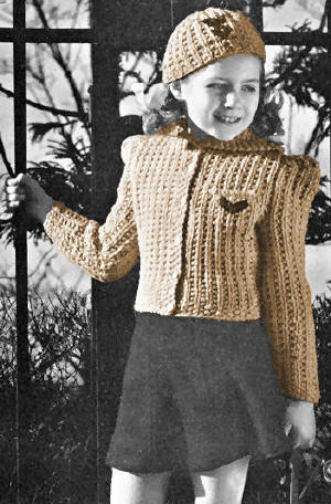 Girls Ribbed Cardigan Sweater & Hat Knitting Pattern Sz 4-5