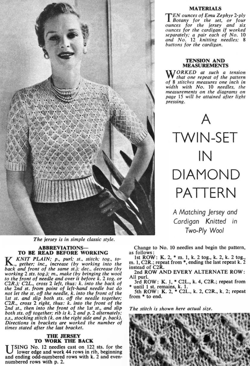 Twin Set Sweaters in Diamond Design Knitting Pattern