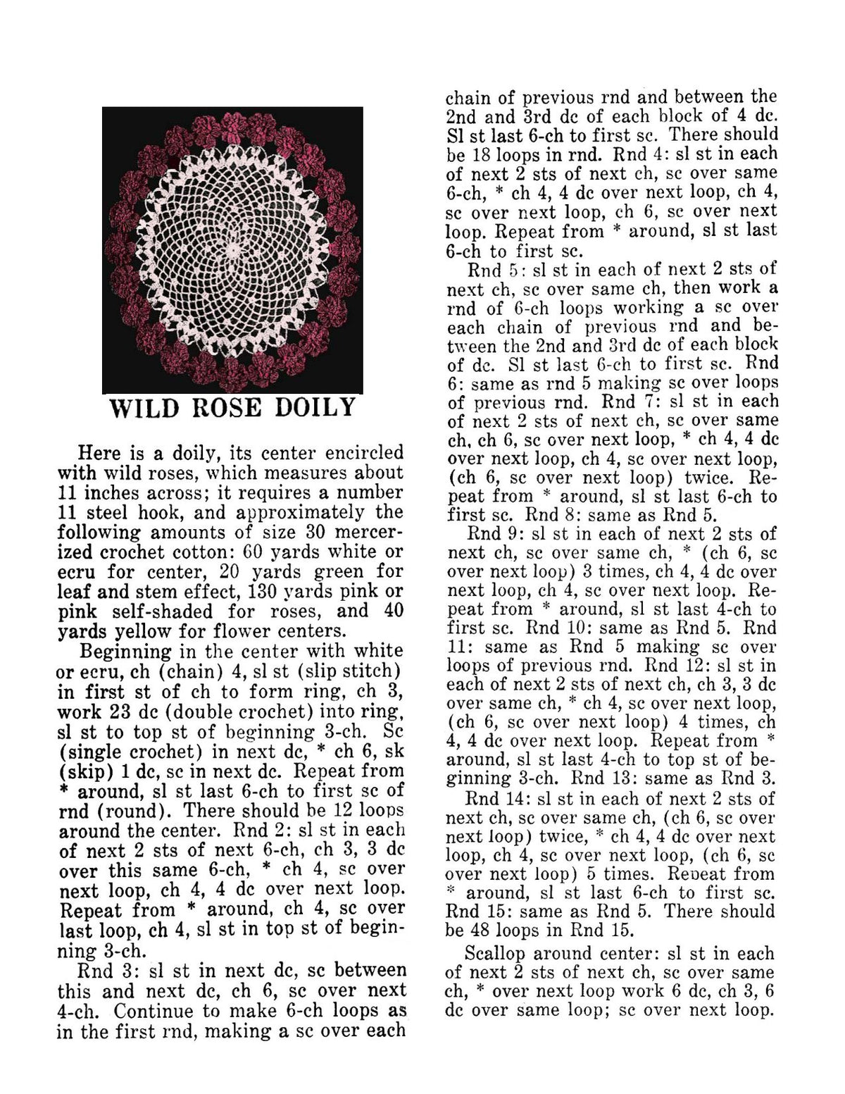 Wild Rose Doily Crochet Pattern 11"